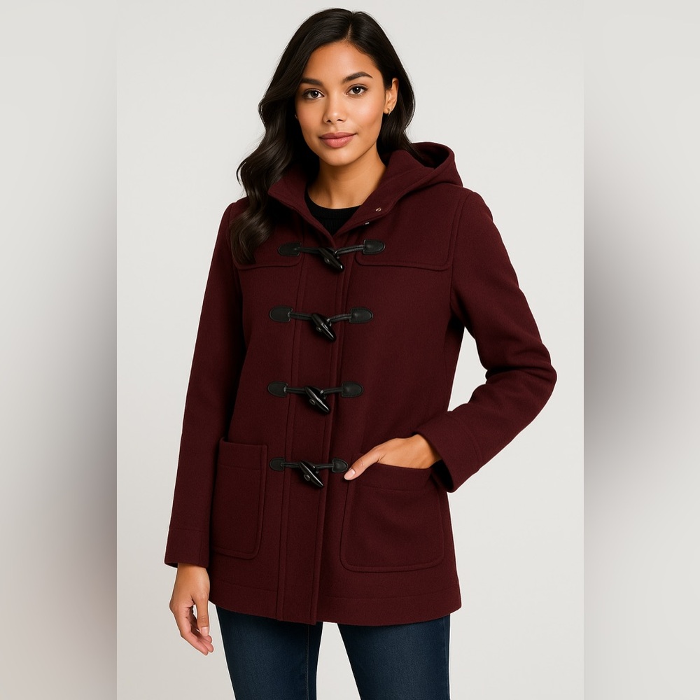 Liz Claiborne Wool Blend Coat Women’s XL Burgundy Hooded Toggle Duffle Style - Picture 1 of 6